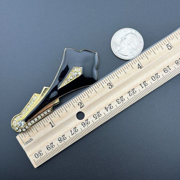 Vintage Art Deco Style Gold-Tone Brooch w Sparkly Rhinestones Black Enamel 3.2" - Picture 6 of 9
